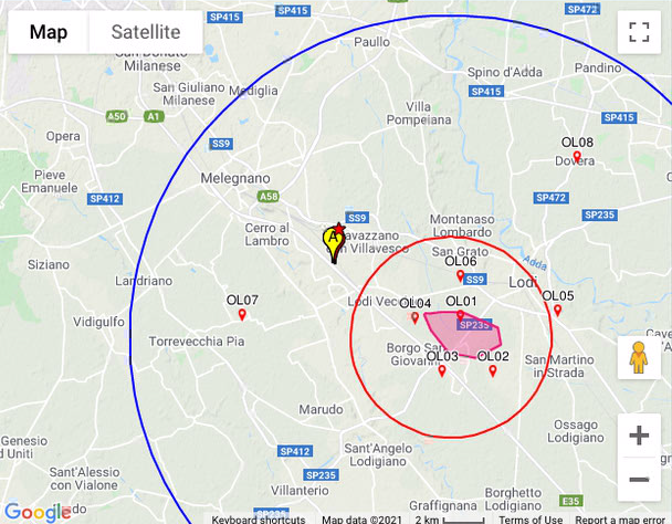 Figura 1. Localizzazione dell’evento ML 2.5 del 12/10/2021 ore 01:18:21 (ora locale). Nelle figure si notano anche le posizioni delle stazioni sismiche utilizzate dal sistema di monitoraggio.