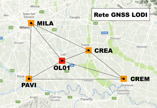 Figura 1 - La rete utilizzata per l'inquadramento della stazione GNSS OL01.
